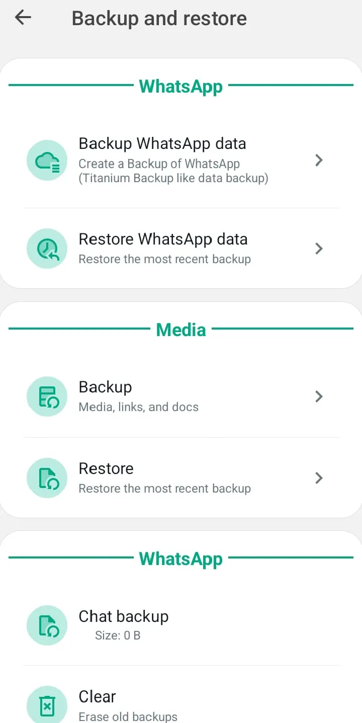 Backup and restore screen with WhatsApp data, media backup, restore, and chat backup options.