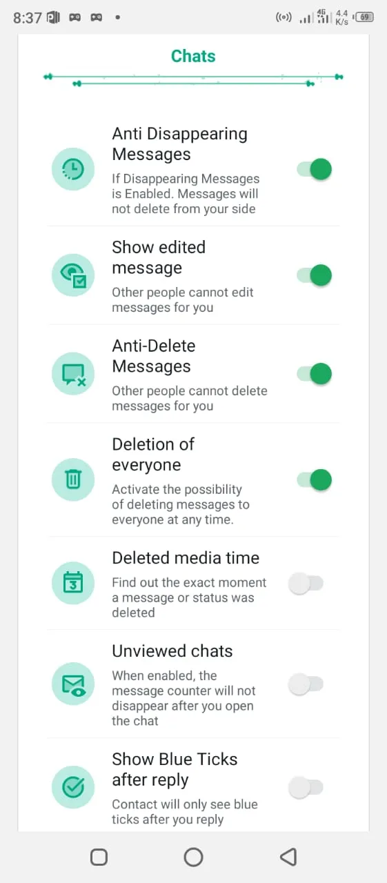Chat controls showing anti-delete settings and blue ticks after reply.