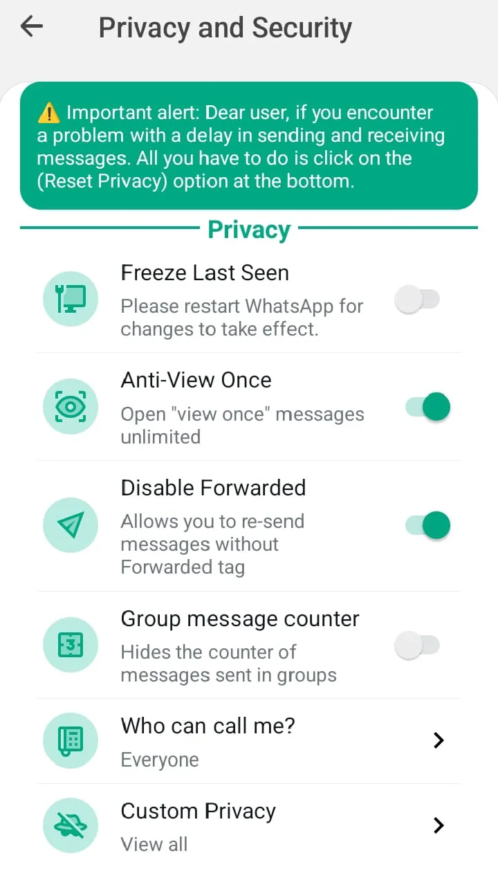 Privacy and Security screen with Freeze Last Seen, Anti-View Once, and Custom Privacy settings.