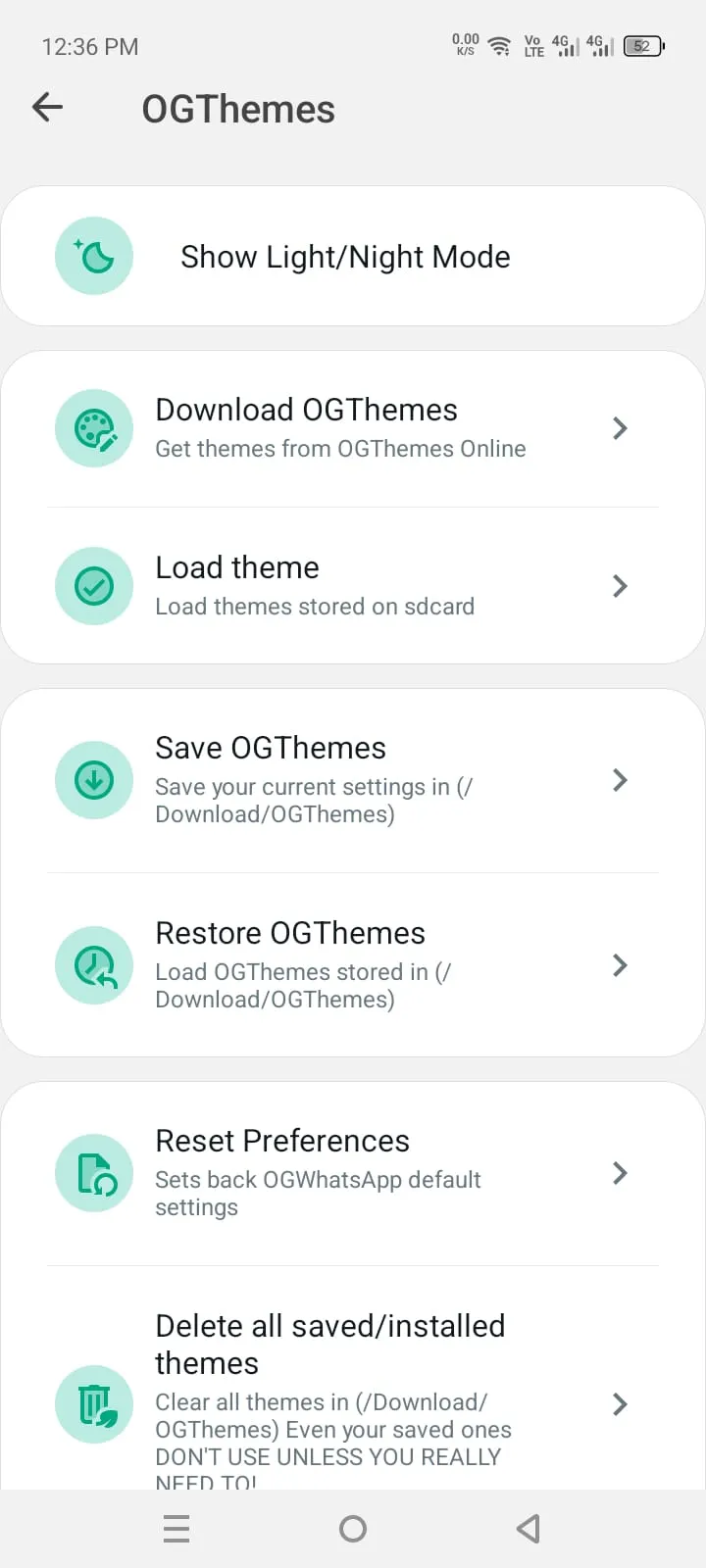 OGThemes screen with options to download, load, save, and restore themes.